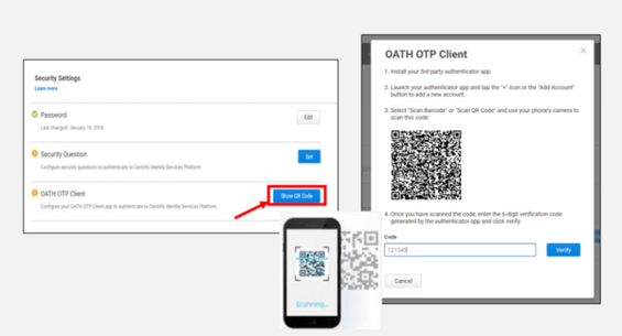 Image of a smartphone scanning a bar code from Centrify into the authenticator application.