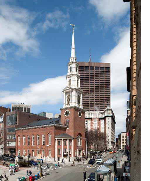Exterior picture of the Park Street Church, a brick building with a large steeple.