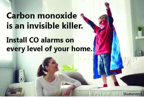 Mother and son playing with the text, "Carbon monoxide is an invisible killer. Install CO alarms on every level of your home.