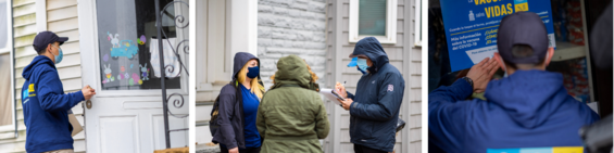 People canvassing for the Vaccine Equity Initiative, including knocking on doors and putting up posters.