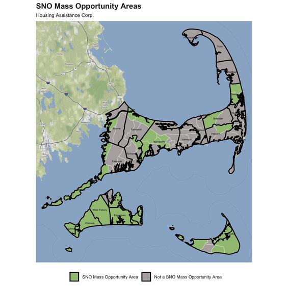 SNO Mass Cape Cod Map that highlights opportunity areas within the region
