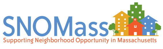 Program Logo. Includes text 'SNO Mass Supporting Neighborhood Opportunity in Massachusetts' and four multicolored houses