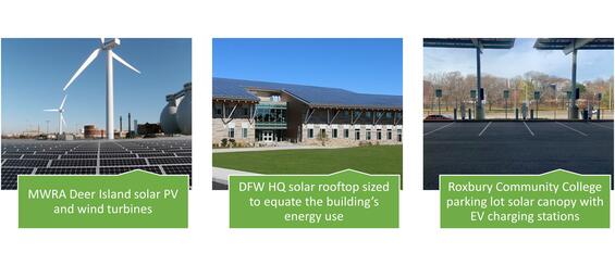 Solar PV and wind turbines installed at Deer Island, the Department of Fisheries and Wildlife, and Roxbury Community College