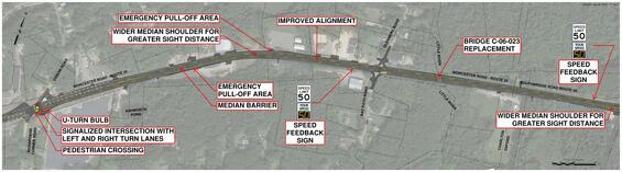 An overhead map of Richardson Corner to Oak Drive indicating traffic improvements such as new speed medians, emergency pull-off areas, and speed management tools