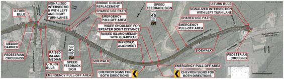An overhead look at Route 56 to Route 12 intersection in Oxford, MA with new road changes illustrated.