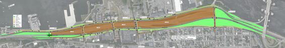 An aerial graphic depicting the project area. The legend indicates that grey represents roadways, light green represents loam and seed, yellow represents shared use paths, orange represents sidewalks, brown represents developments, tan represents stamped concrete, traffic signal icons represent signalized intersections, and dark green represents proposed bridges.  