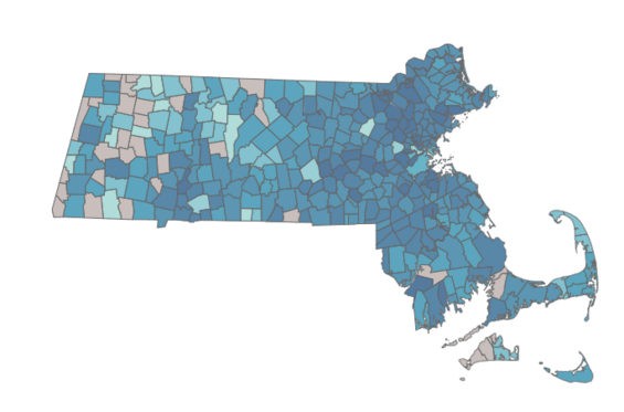 Map of Massachusetts divided by city and town