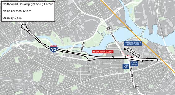 An aerial graphic showing the project location. The detour is depicted by an arrow going up I-93, doing a U-turn at the traffic circle, taking a left onto Middlesex Avenue, and then a right onto Route 28. The key says, “No earlier than 12 a.m. and open by 5 a.m.” Above the detour is a call out for the Assembly Square Marketplace, below is one for Foss Park, and to the right is one for Stop & Shop.