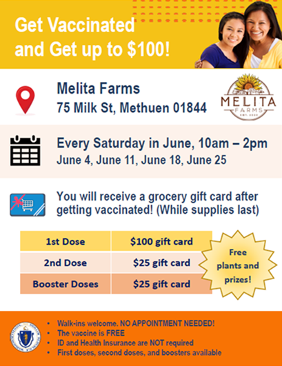 A promotional flyer for past Vaccine Clinic events took place on June 4, June 11, June 18 and June 25 in Methuen Massachusetts.