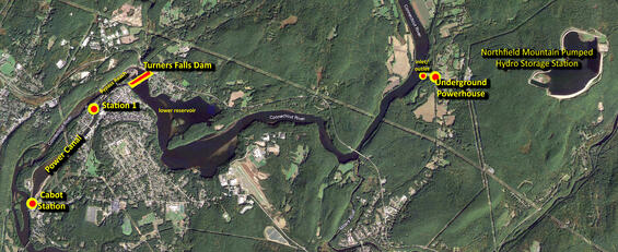 Aerial view of the Turners Falls area with key features of the FirstLight relicensing project highlighted