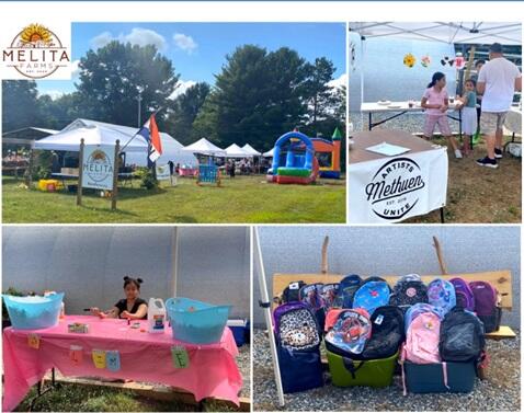 Melita Farms weekly clinic at their farmstand. images of kids' backpacks, activities and smiling faces.