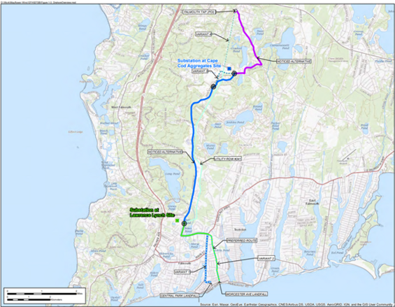 Map - project onshore routes, landfall to new substance and POI