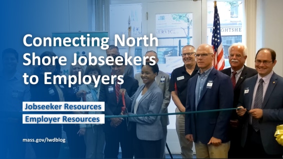 Executive Office of Labor and Workforce Development Secretary Lauren E. Jones is flanked my local city officials and staff in a ribbon-cutting portion during the grand reopening ceremony at the MassHire North Shore Career Center in Salem.