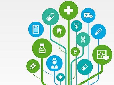 An illustration of a bunch of oral health elements such as a tooth, medicine bottle, a pill, a nurse and an ambulance.