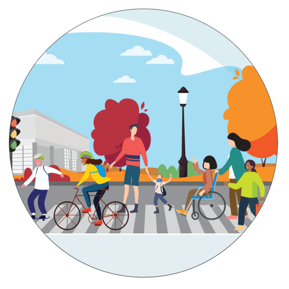 illustration of an autumn scene of children using crosswalk while applying different modes to get to school: skateboard, scooter, bicycle, tricycle, walking, and wheelchair