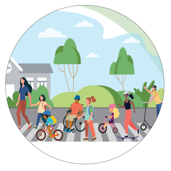 illustration of a spring scene of children using crosswalk while applying different modes to get to school: skateboard, scooter, bicycle, roller blades, walking, and wheelchair