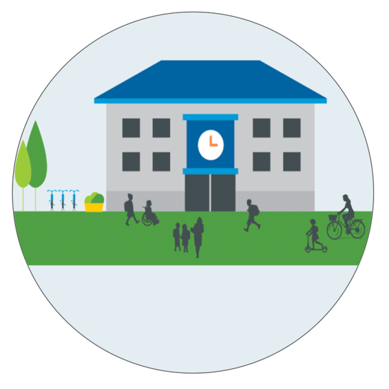drawing of school house with silhouettes of students using different transportation modes