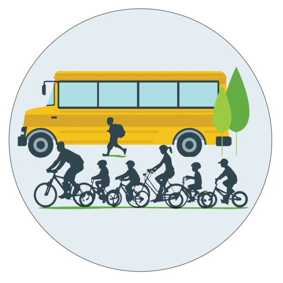 school bus with silhouettes of a students riding bicycles in a bike train