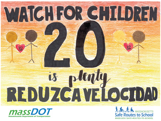 Watch for children. 20 is plenty. reduzca velocidad