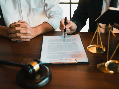 legal document signing with scale beside a notebook