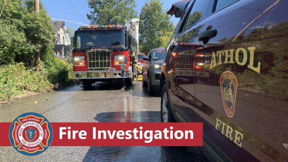 Picture of fire engines and the words "fire investigation"