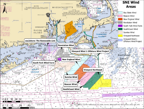 Map of Southern New England (SNE) Wind Energy Areas and Export Cable Routes.
