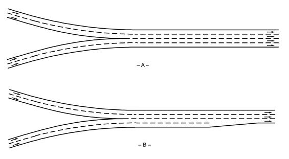 Two branch connection configuration diagrams. First has no lane drops from freeways merging. Second demonstrates an outside lane drop.