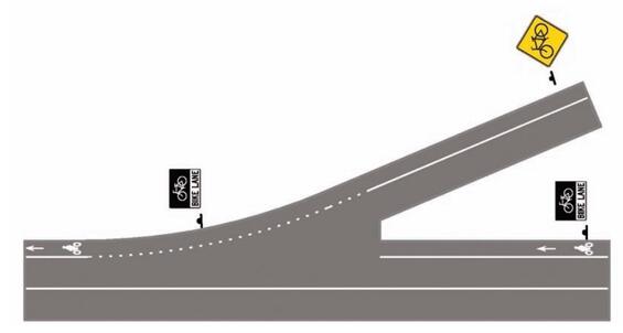 Diagram showing signing and marking for bicycle lane crossing on merging ramp: option 2 where people biking to choose merge, weave, or crossing maneuver.