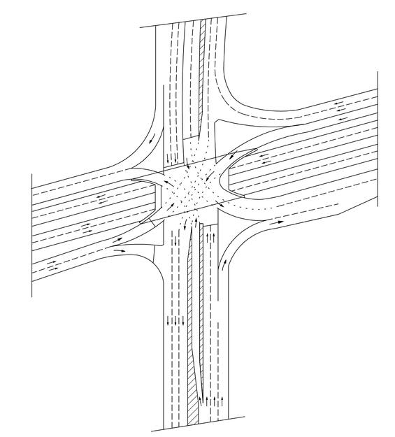 A plan view diagram of a single-point urban interchange showing the flow of traffic between interchange legs with arrows.