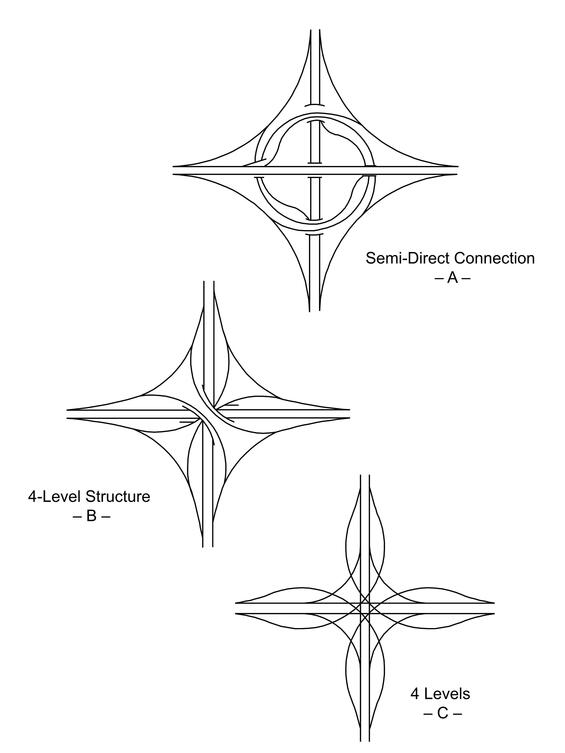 Three plan view diagrams of multilevel interchanges, one with a semi-direct connection and two with a 4-level structure.