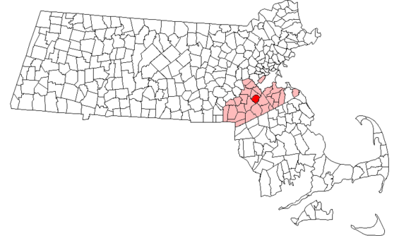 Town of Norwood highlighted on a map of Massachusetts