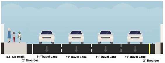 Cross-section showing lane and sidewalk widths, Mystic Avenue.