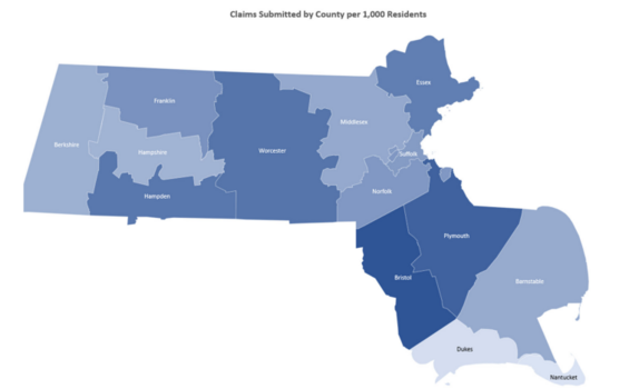 picture of the state of Massachusetts with the counties colored in in different shades of blue.