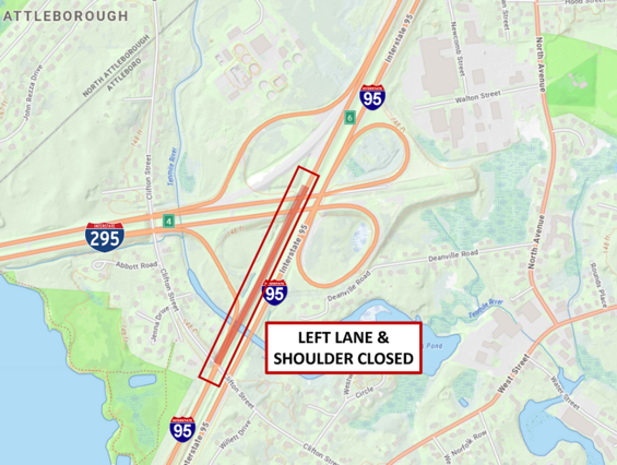 Project area map with left lane and shoulder closed on I-95 southbound