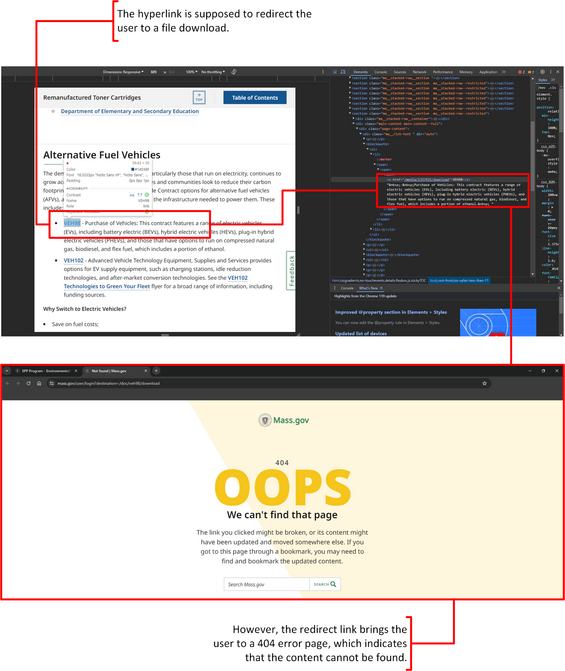 This image shows a hyperlink highlighted on a webpage, the webpage code with where the hyperlink is defined, and an error page to which the hyperlink directs users.