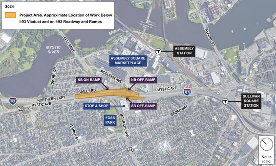 Aerial view of project site, showing roadways, landmarks and boundaries. 