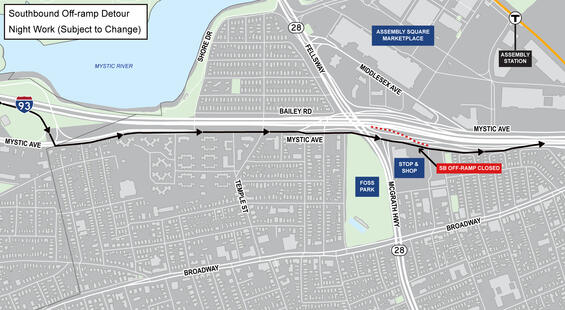 I-93 Southbound Off-Ramp Detour map