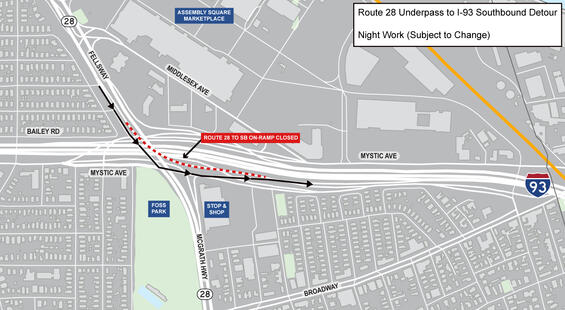 Route 28 Underpass to I-93 Southbound Detour map