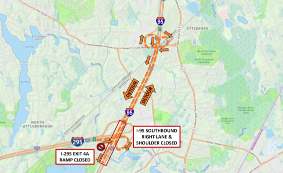 Detour map to navigate shutdowns near I-95 and I-295 northbound (Exit 4A).