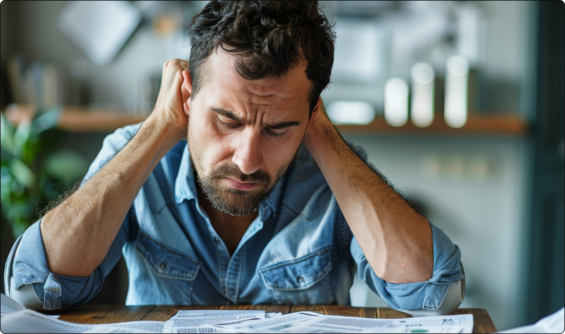 A concerned middle aged man looks down at a desk full of bills and financial documents.