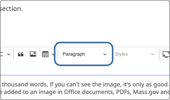 The mass.gov cms editor with the paragraph styles dropdown in the toolbar highlighted.