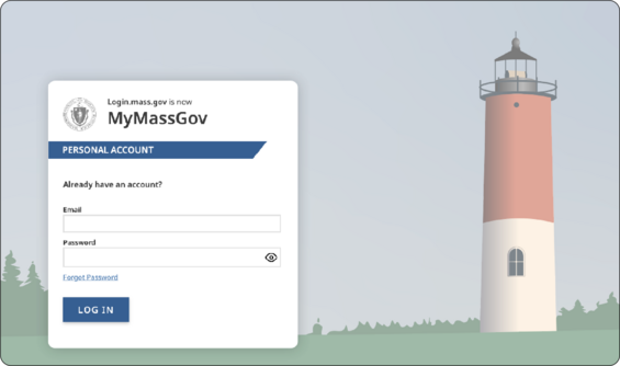 A mass.gov login screen with a faint illustration of a lighthouse in the background