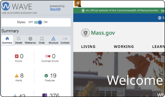 a screenshot of chrome with the WAVE accessibility tool open, scanning the page