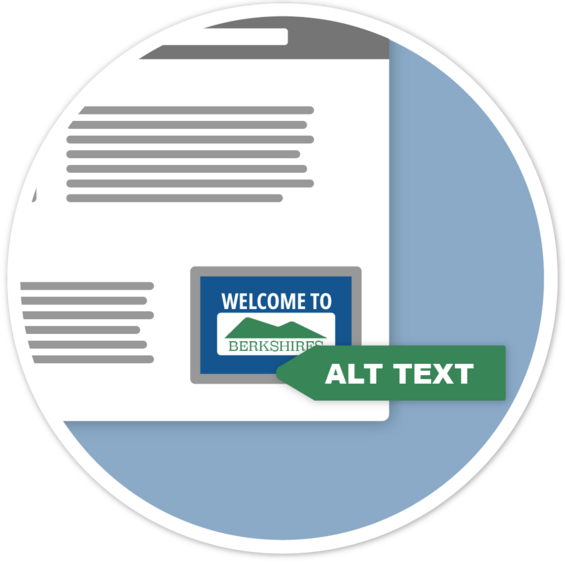 An illustration of a web page with a welcome to the Berkshires sign on it. A tag marked with alt text points to the image.