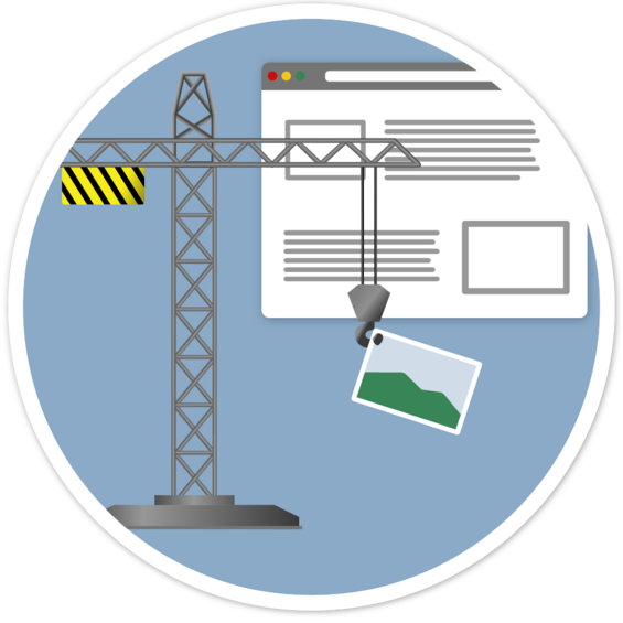 an illustrated crane lifts a picture onto a web page