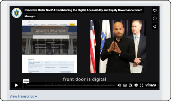 screenshot of the video announcement of executive order 614 embedded in mass.gov