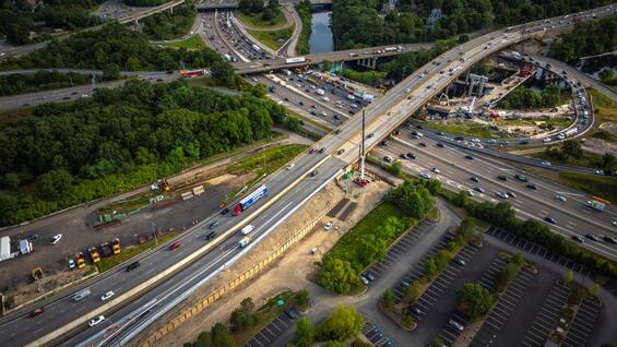 An aerial view of the I-90/I-95 (Route 128) interchange where a series of bridges will be rehabbed and replaced.