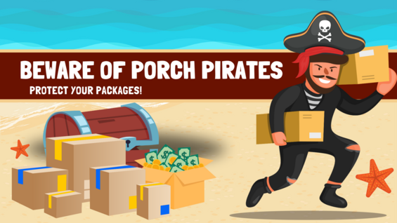 An illustration of a pirate on a beach stealing packages