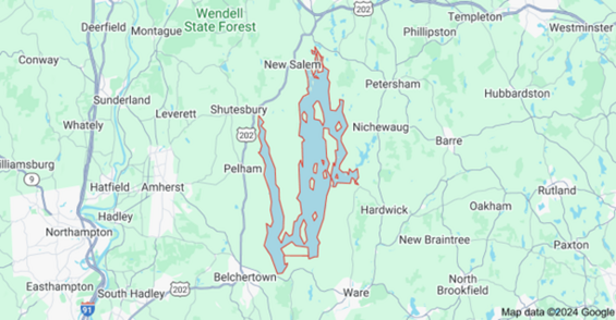 Map of Massachusetts with focus on the Quabbin Reservoir