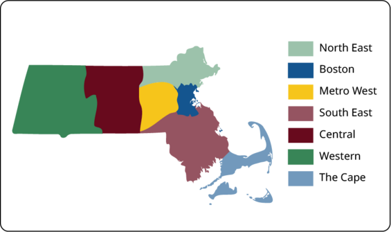Map of Massachusetts with regions identified by color, and a legend that uses color alone to define region names.